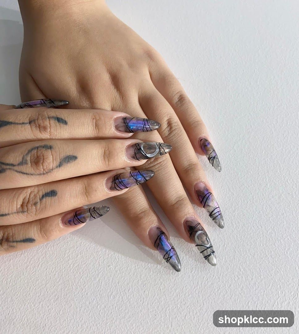 Artistic Nail Design with Purple and Black Patterns
