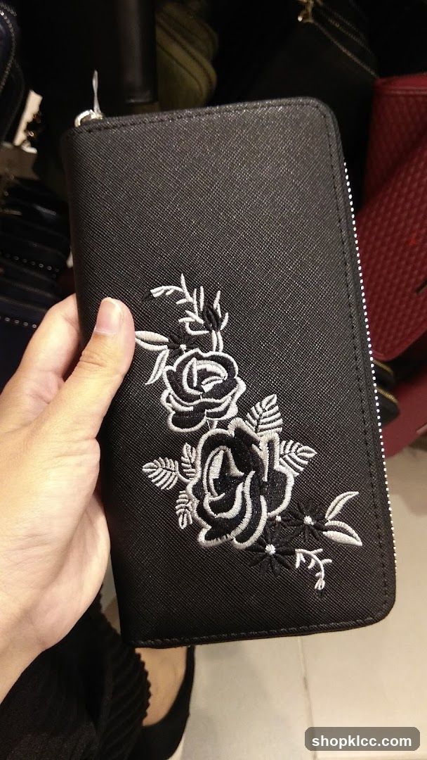 Black Wallet with Embroidered Roses