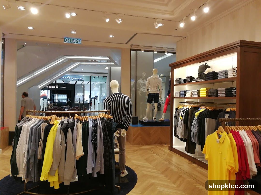 Clothing store interior with mannequins and apparel displays