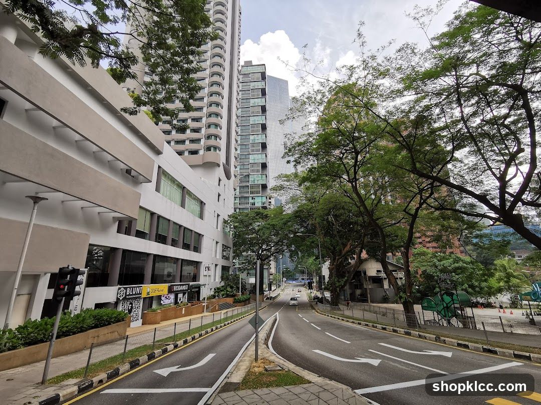 City street with modern buildings and trees