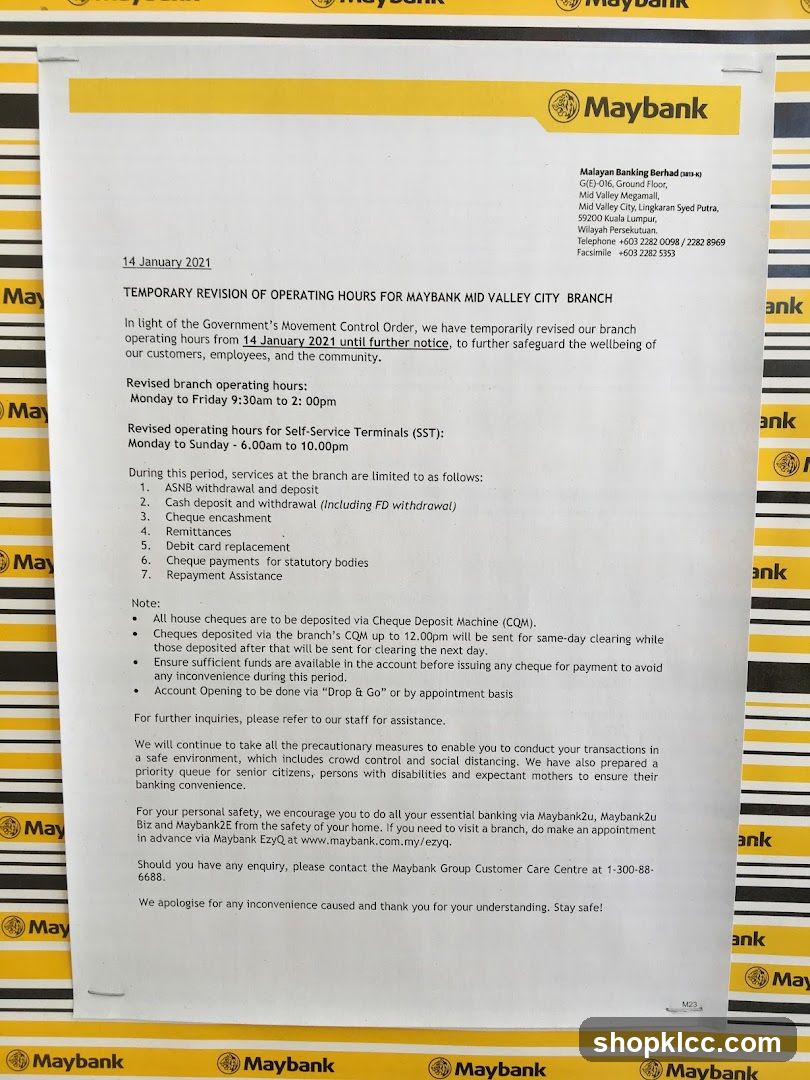 Maybank Mid Valley City Branch Temporary Revision of Operating Hours