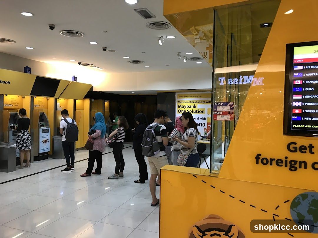 Bank Interior with ATMs and Currency Exchange Display