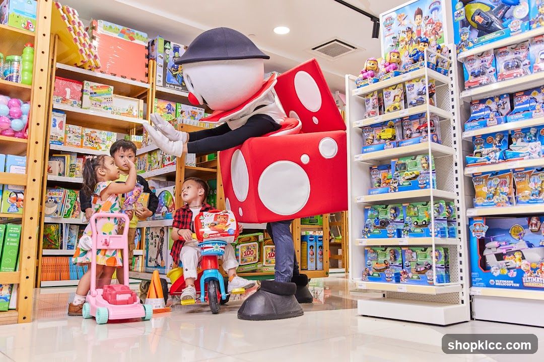 Mascot interacting with children in a toy store