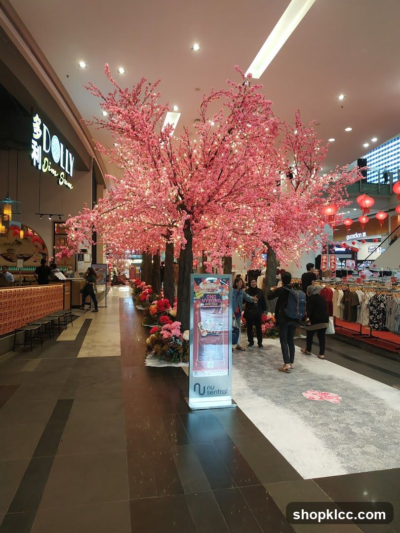 Mall interior with cherry blossom decorations