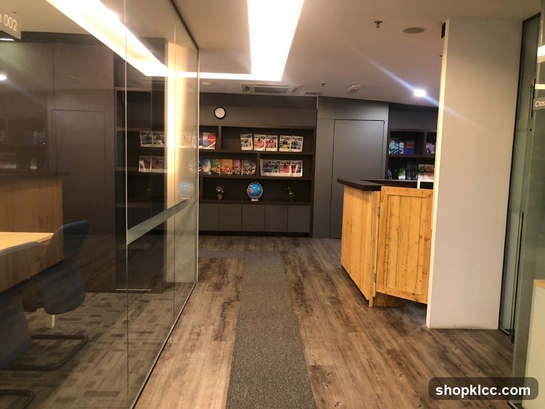 Office Interior with Reception Desk and Bookshelves