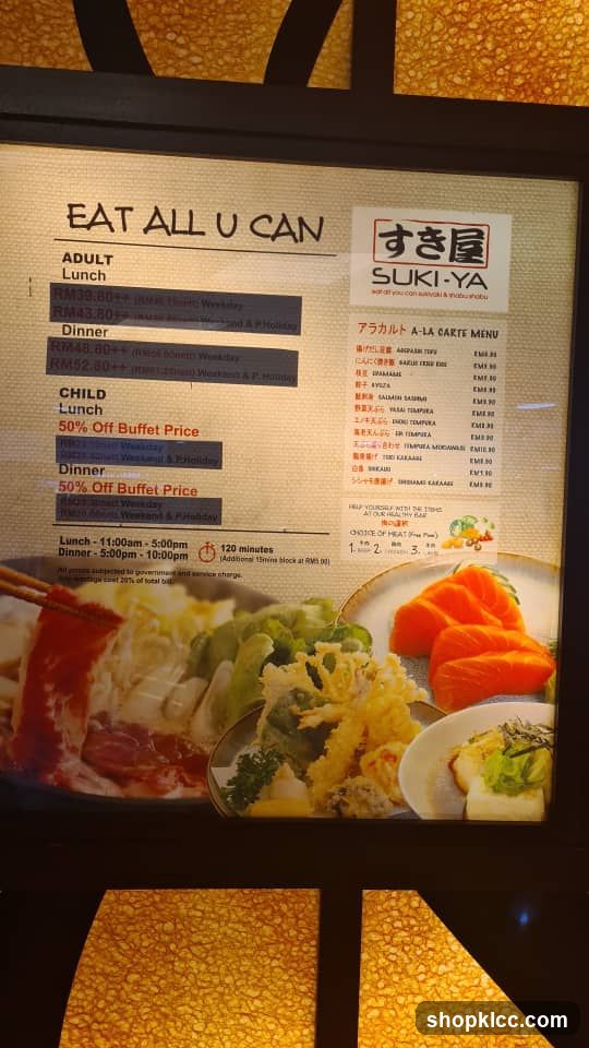 Suki-Ya Buffet Menu Board