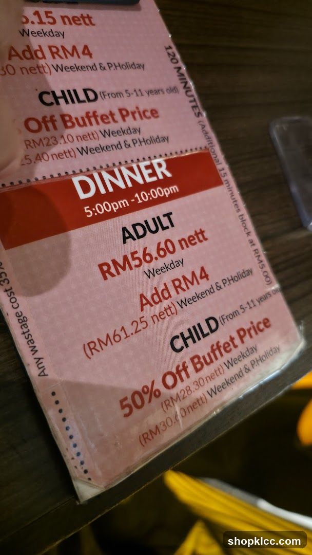 Dinner Buffet Price List