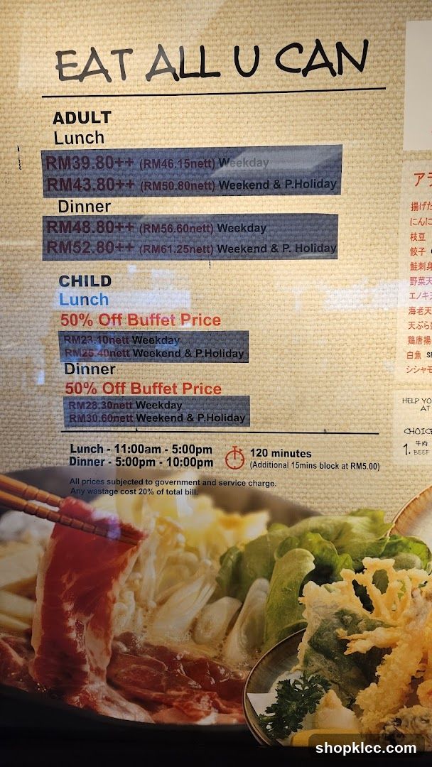 Eat All U Can Buffet Menu