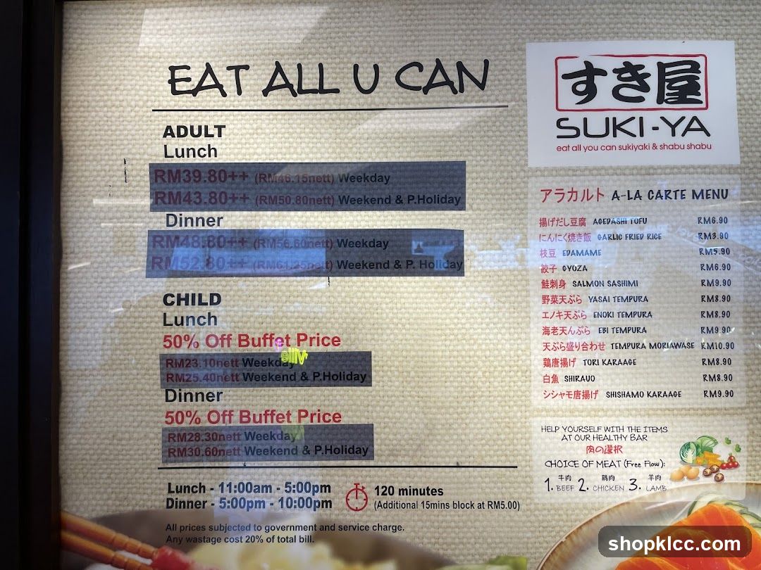 Suki-Ya Buffet Menu