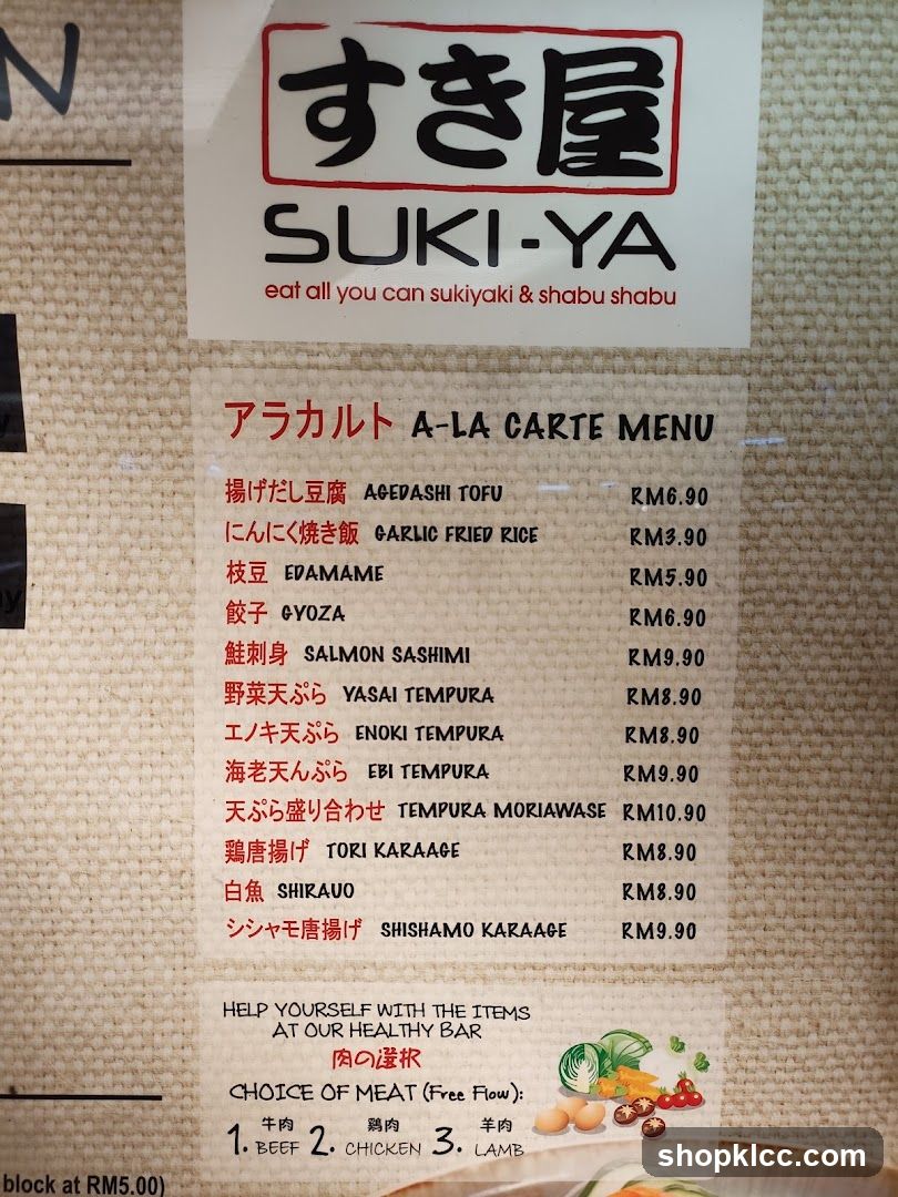 SUKI-YA A-La Carte Menu