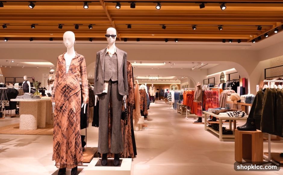Clothing store interior with mannequins and apparel displays