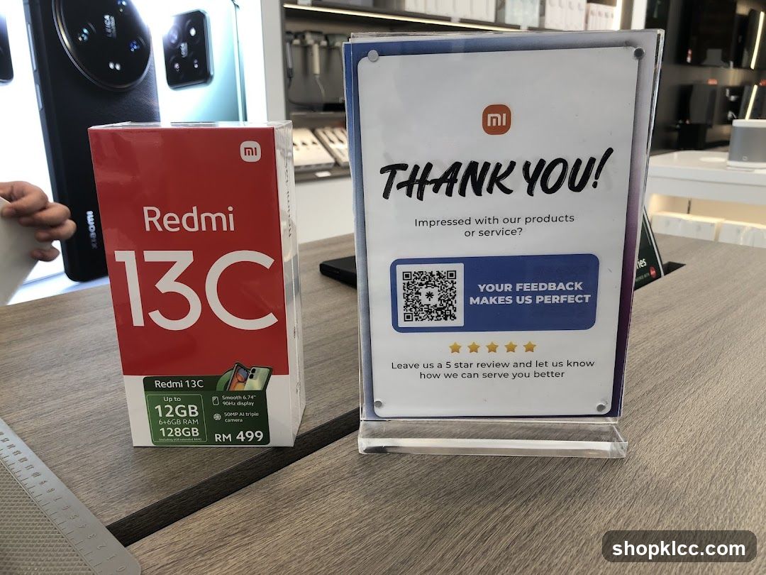Redmi 13C Product Box and Feedback Sign