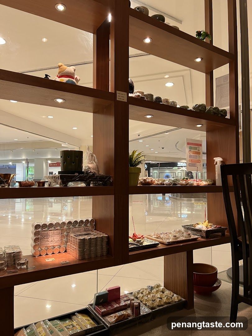 Display shelves with various items