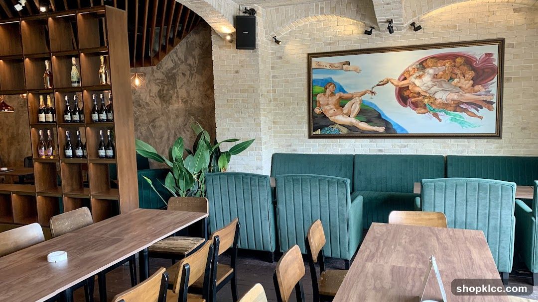 Interior of a restaurant or cafe with classical art