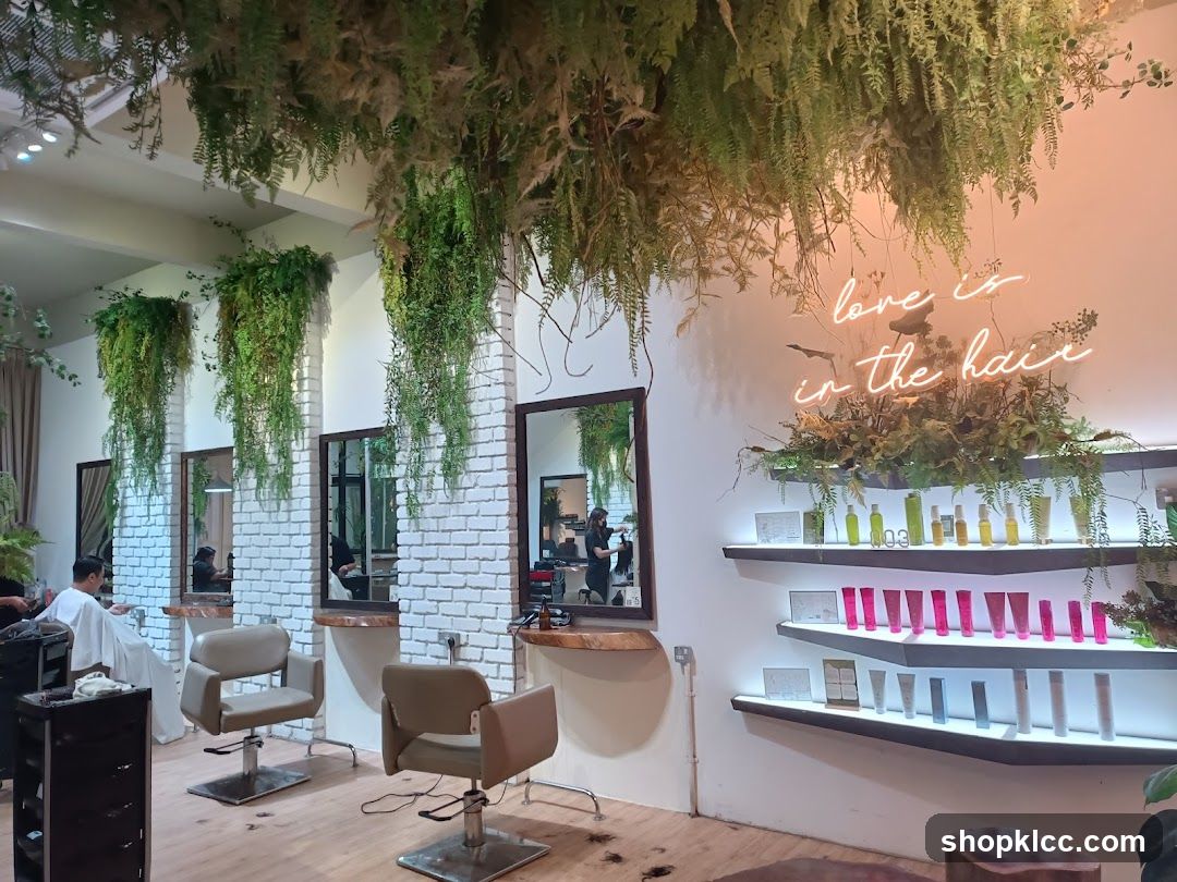 Hair Salon Interior with Greenery and Neon Signage