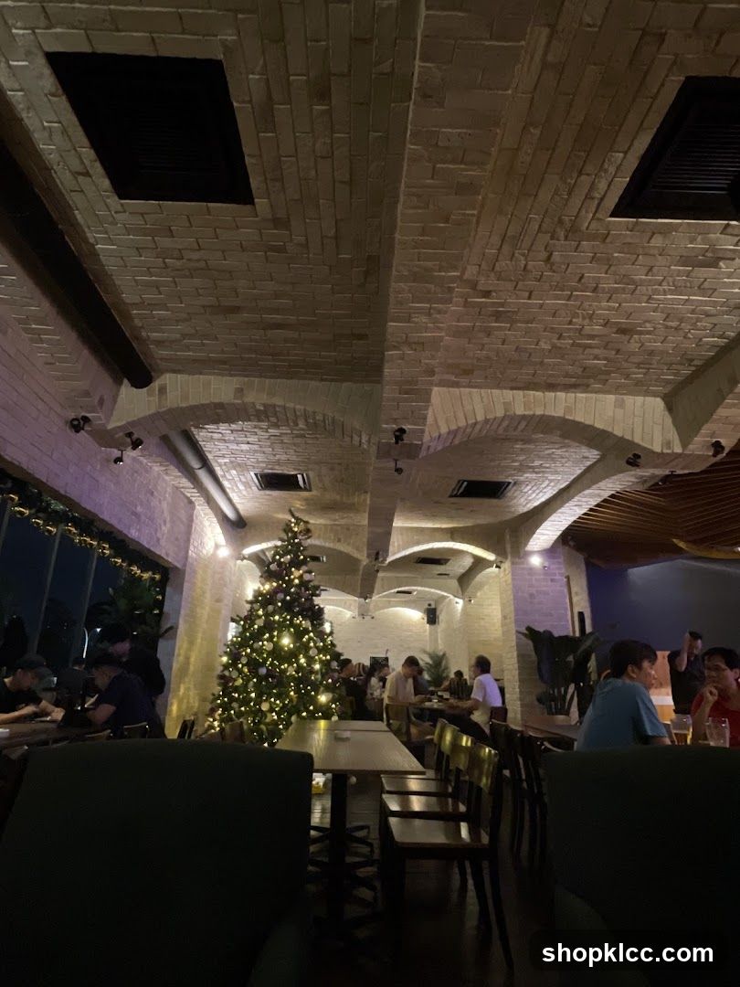 Interior of a restaurant with Christmas tree