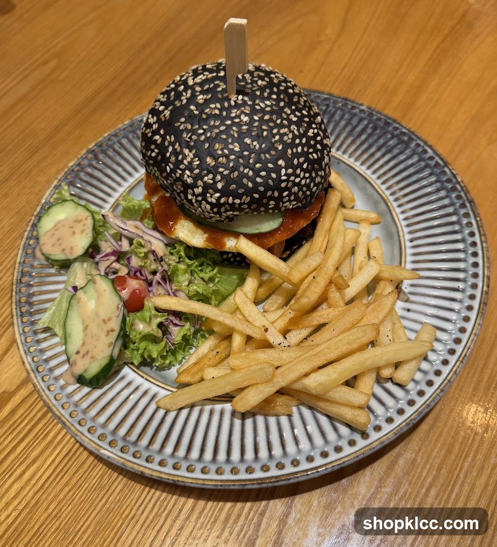 Black Sesame Burger with Fries and Salad