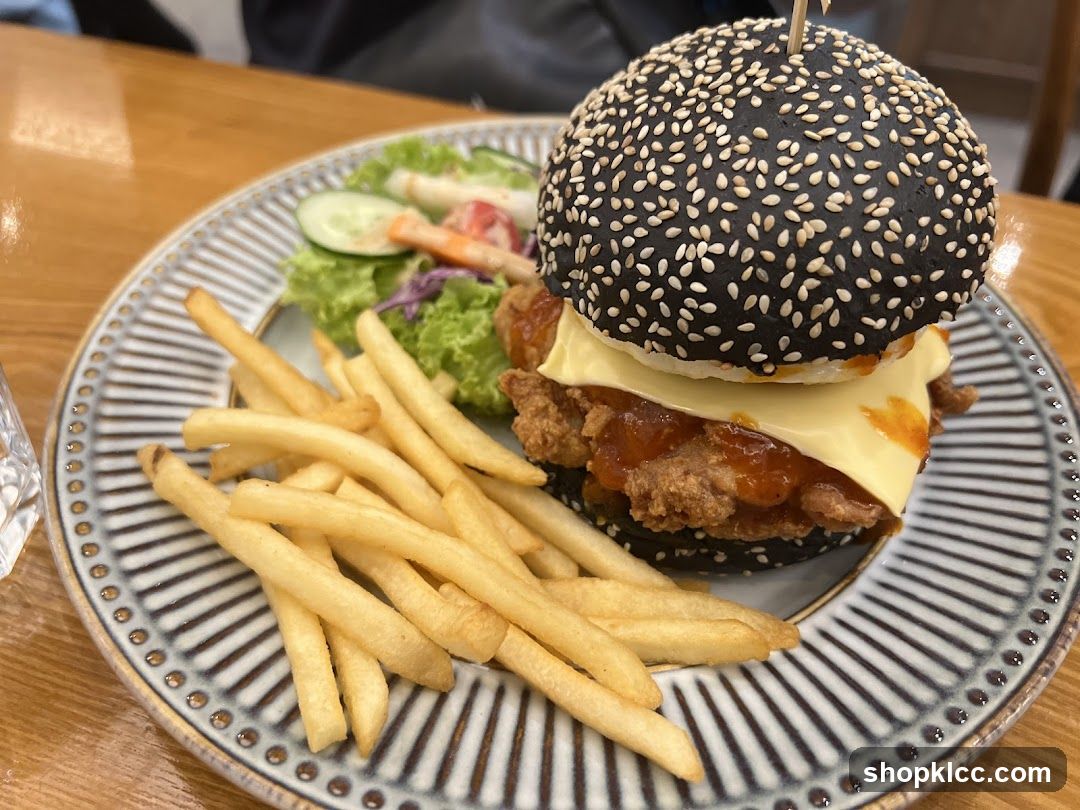 Black Sesame Burger with Fries and Salad
