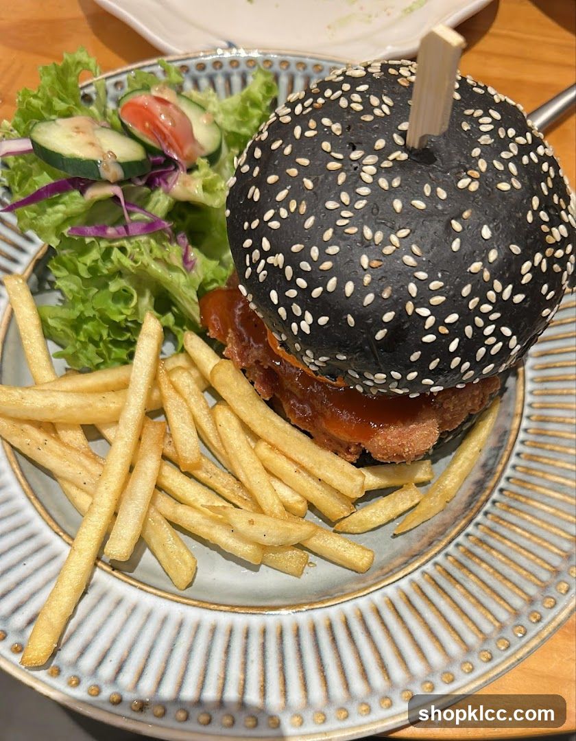 Black Sesame Burger with Fries and Salad