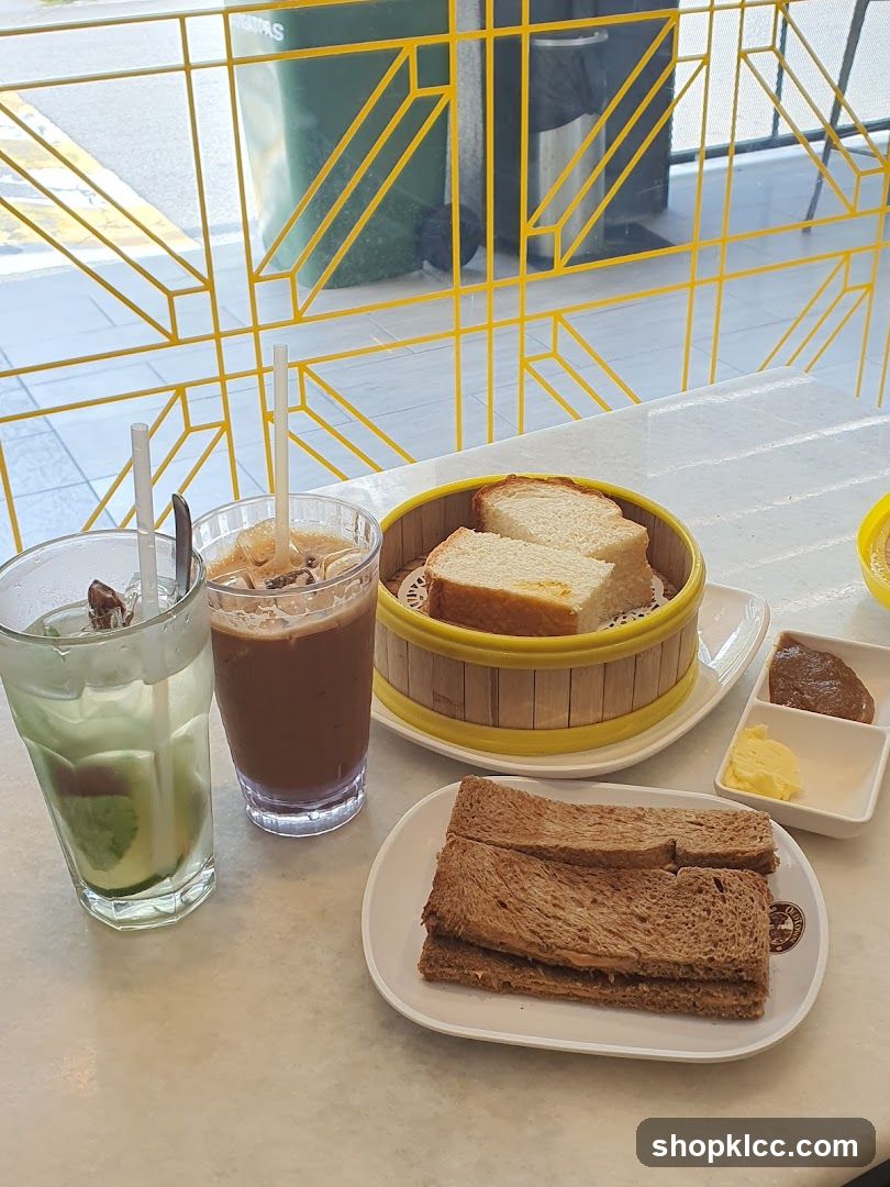 Breakfast Spread with Toast and Drinks