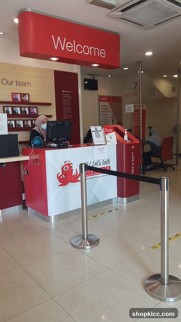 Bank interior with welcome sign