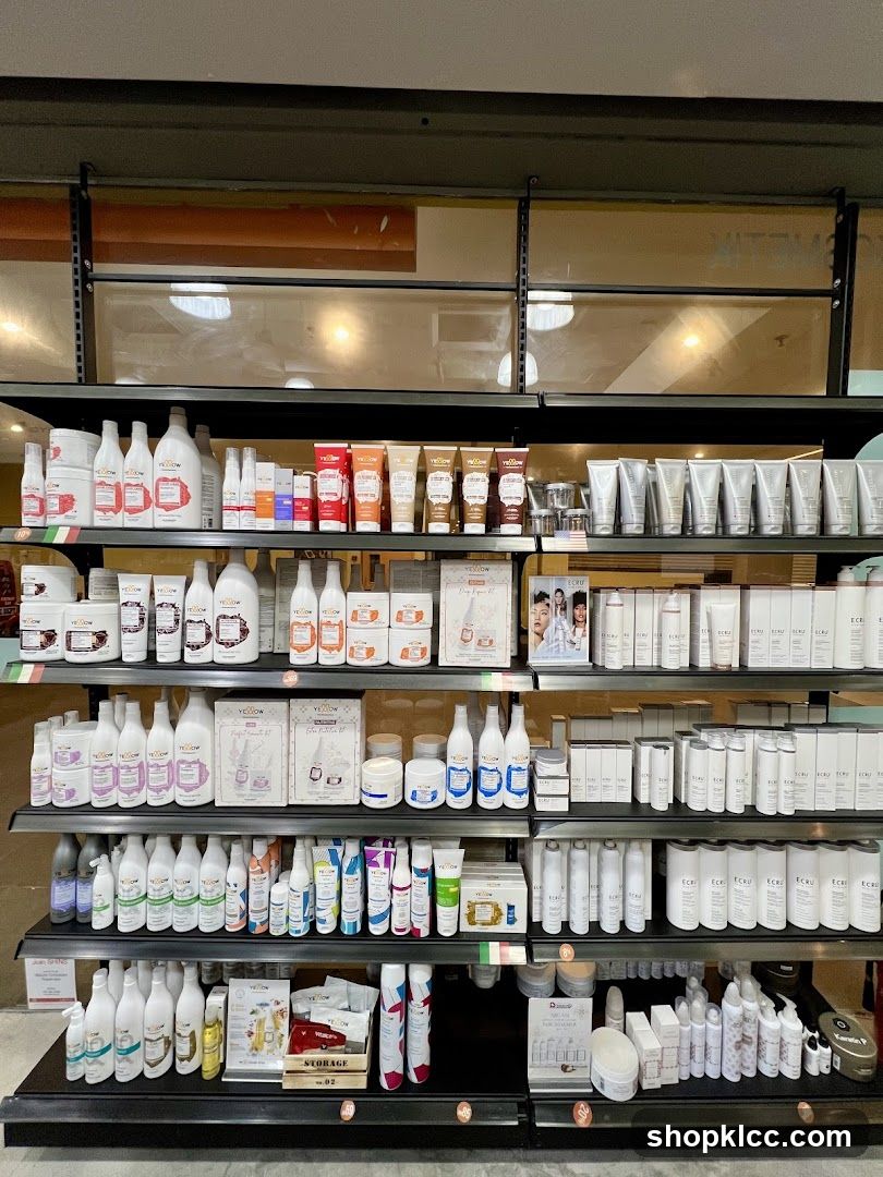 Shelves stocked with beauty products