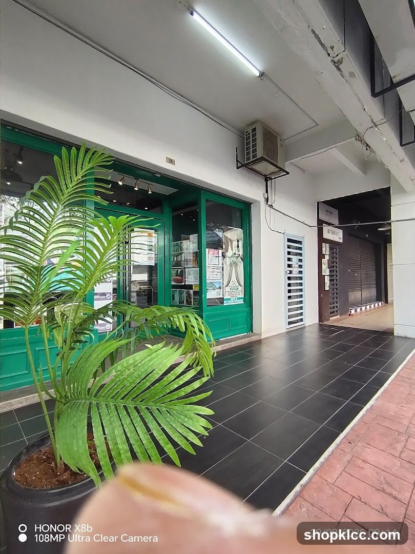 Storefront with Green Trim and Potted Plant