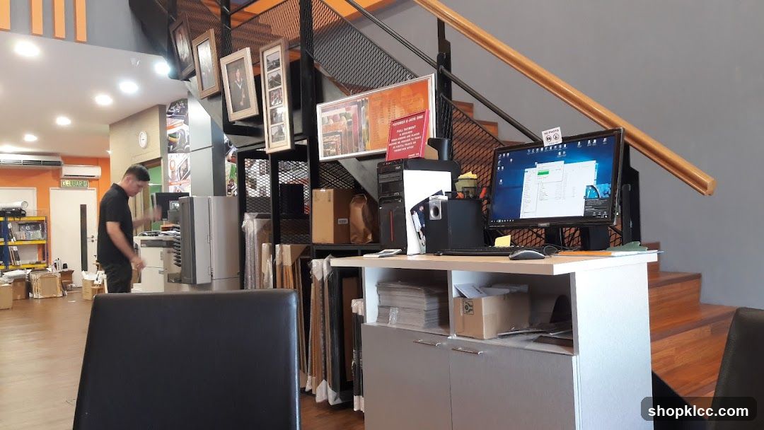 Office Interior with Staircase and Workstation
