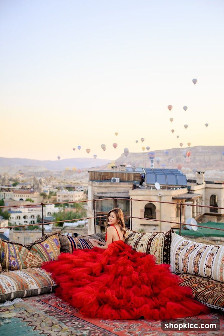 Red Dress on Rooftop with Balloons