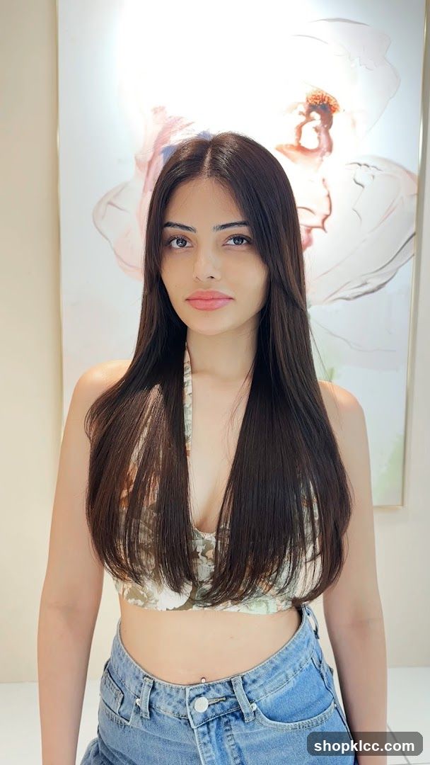 Portrait of a woman with long dark hair wearing a crop top and jeans