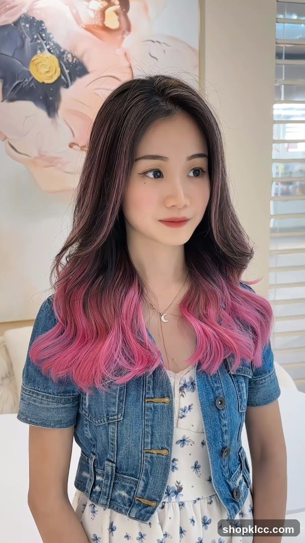 Woman with Pink Ombre Hair in Denim Jacket