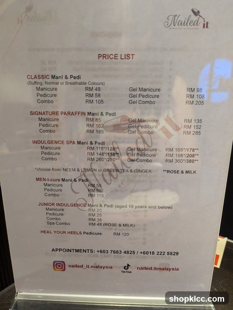 Nailed it MANICURE & PEDICURE PRICE LIST