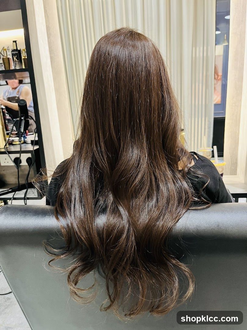 Woman with long brown hair in a salon