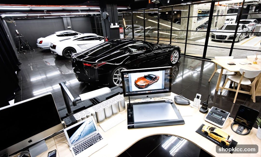 Luxury Car Showroom Interior with Digital Design Desk