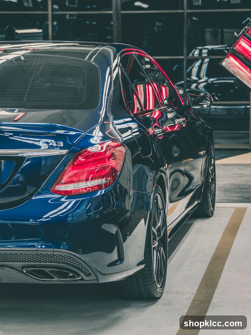Blue Mercedes C63 in a garage