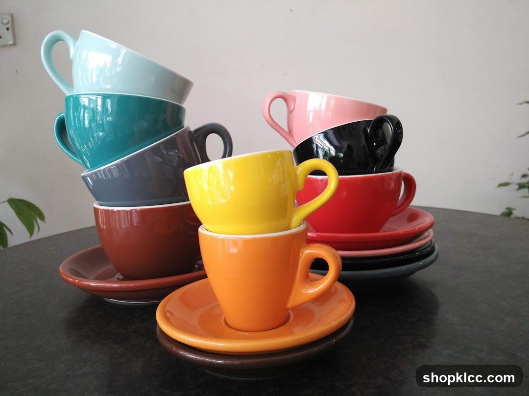 Colorful Coffee Cups and Saucers