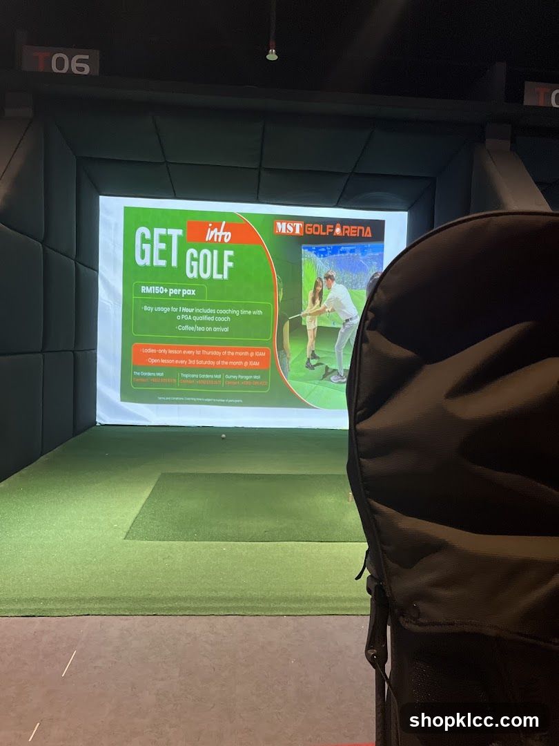 Golf simulator screen with promotional information
