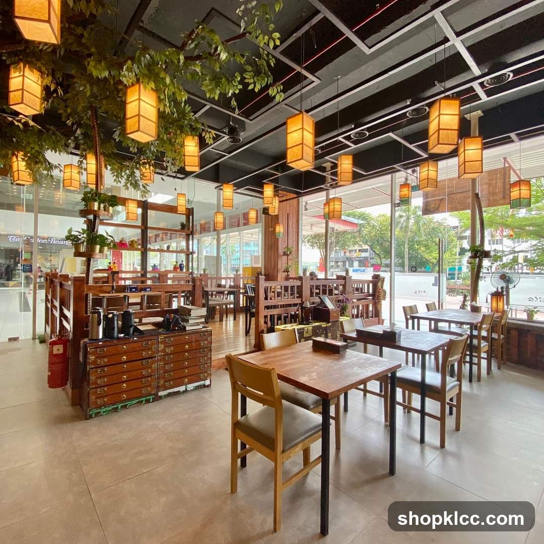 Restaurant Interior with Lanterns and Plants
