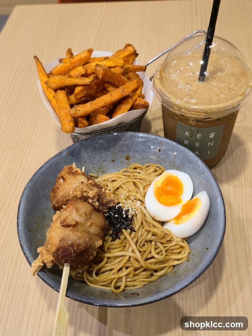 Noodles with Fried Chicken and Sweet Potato Fries