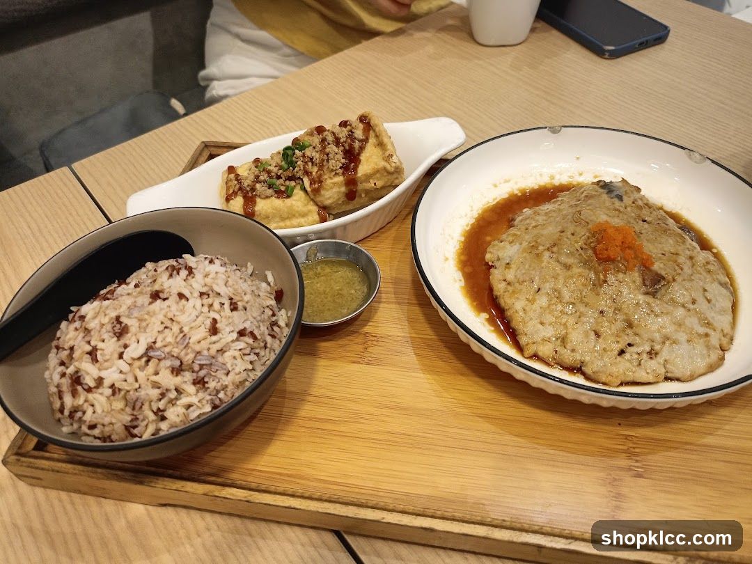 Rice, Tofu, and Fish Dish