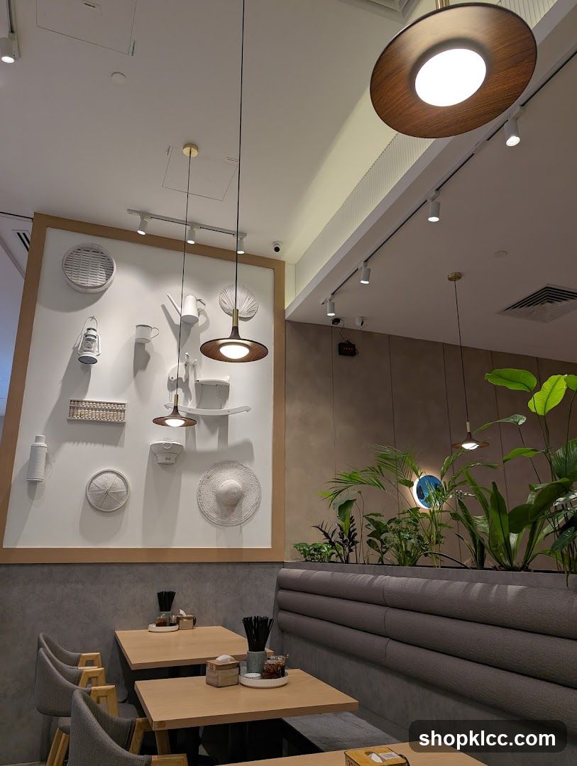 Restaurant Interior with Decorative Wall and Plants