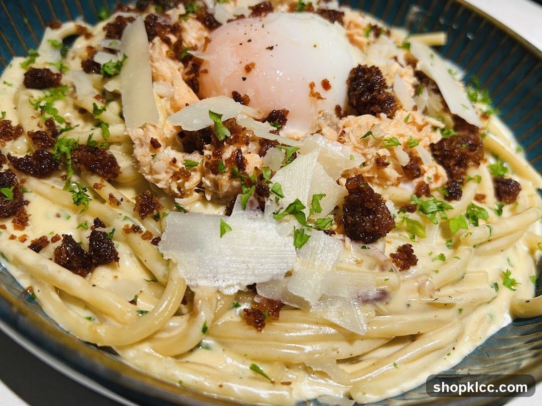 Salmon Pasta with Poached Egg