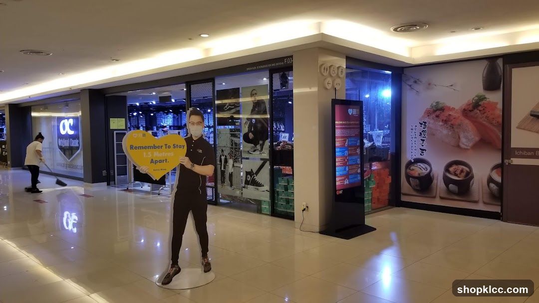 Storefront with social distancing measures and food advertisement