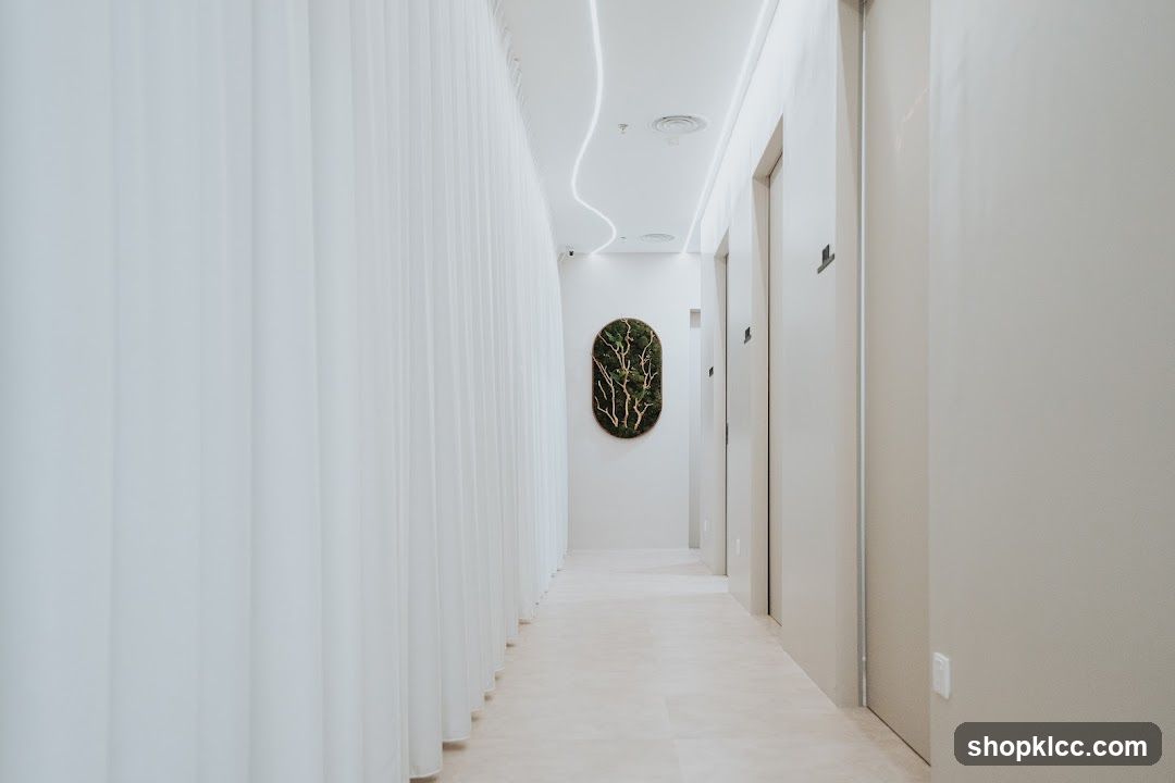 Modern Hallway with Vertical Blinds and Artwork