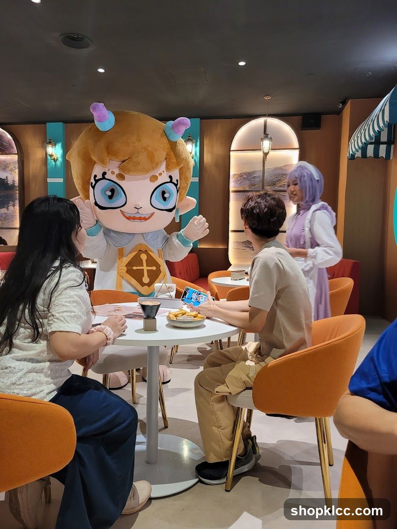 Mascot interacting with customers in a cafe