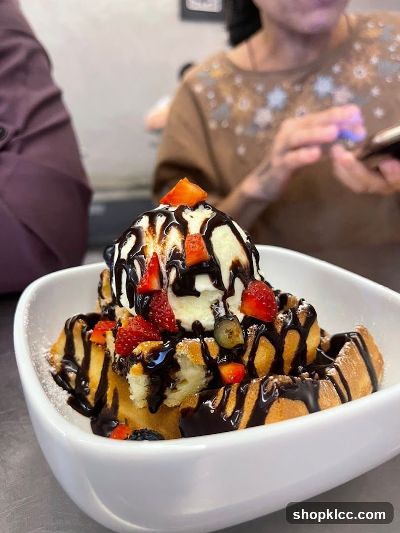 Waffle with Ice Cream and Chocolate Sauce