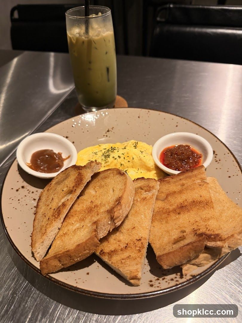 Scrambled Eggs with Toast and Iced Matcha Latte