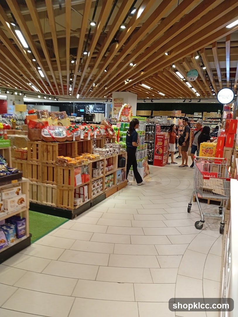 Supermarket aisle with gift baskets and food items