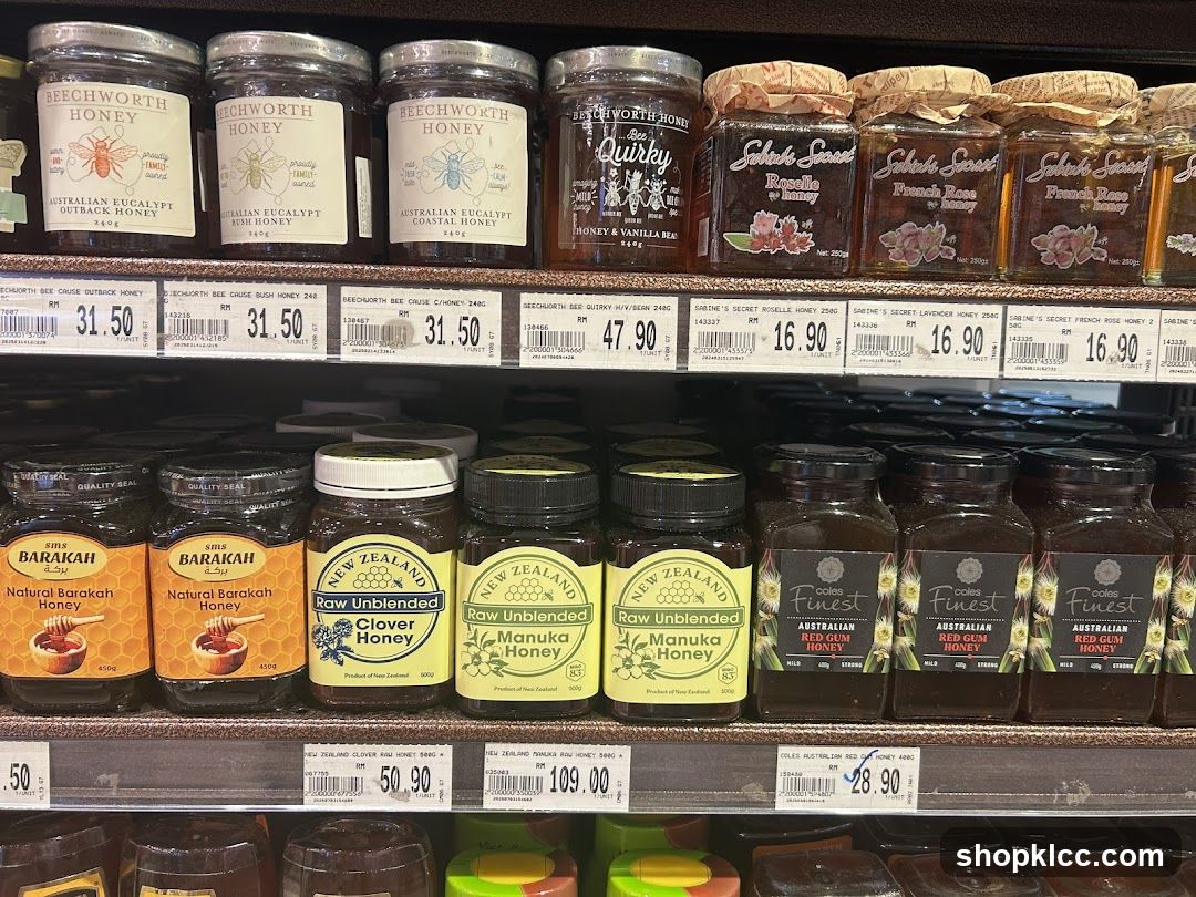 Assortment of Honey Jars on a Store Shelf