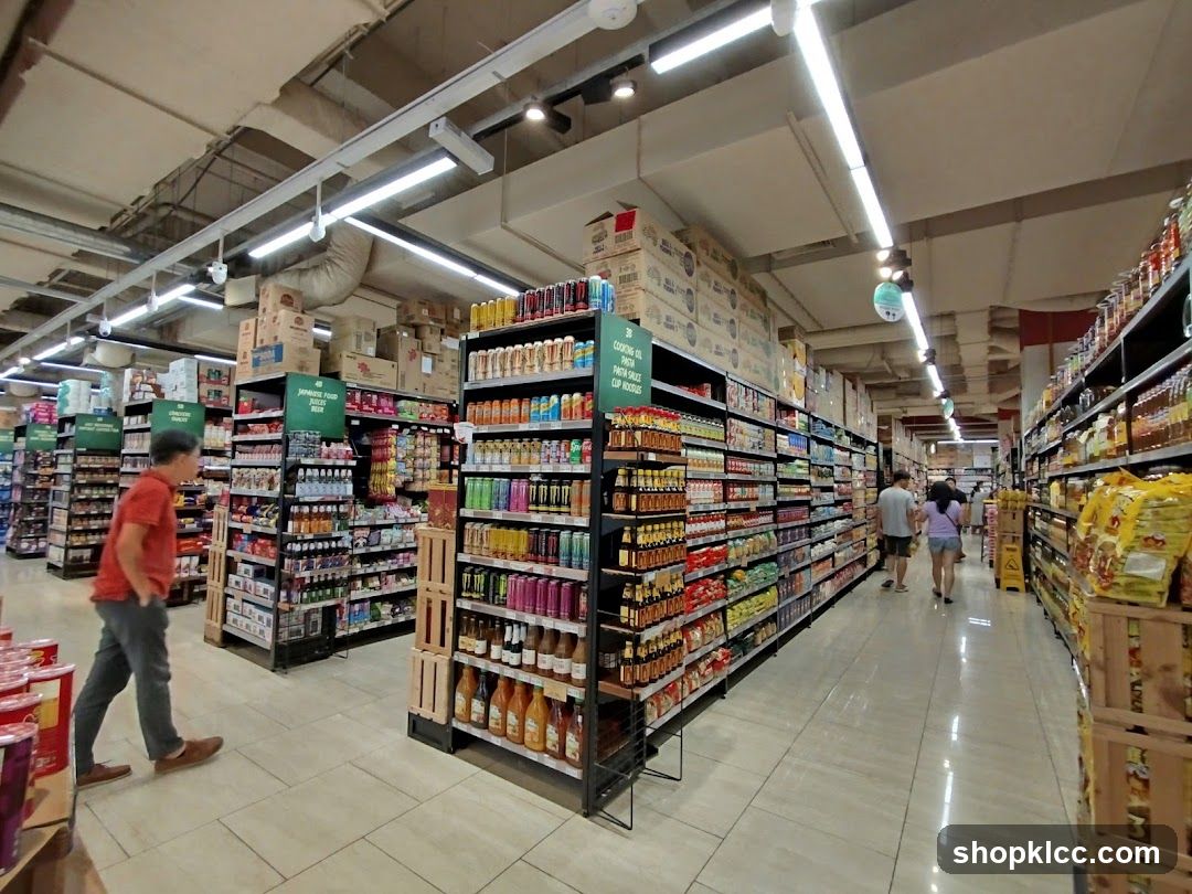 Supermarket aisle with shelves stocked with food products